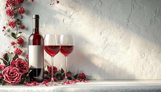 un poster che mostra un elegante display 3D di vino e bicchieri