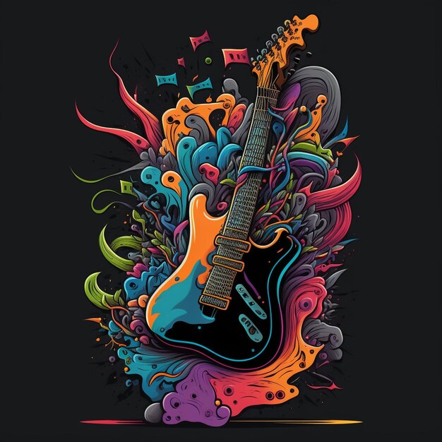Un poster colorato con sopra una chitarra