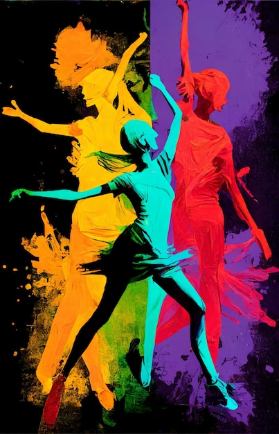 Un poster colorato con tre ballerini di diversi colori e la parola danza sopra.