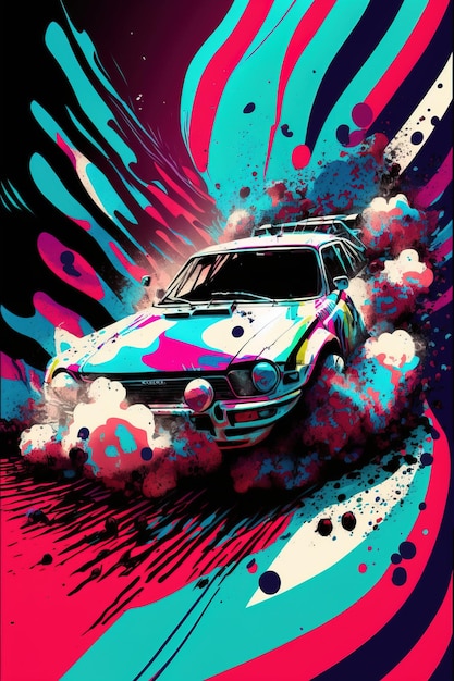 Un poster colorato con un'auto che dice auto della polizia.