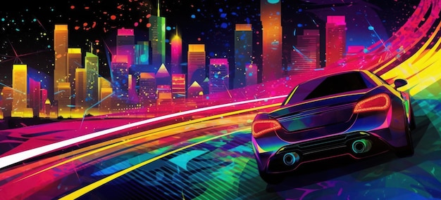 Un poster colorato con un'auto che guida davanti a un paesaggio urbano.