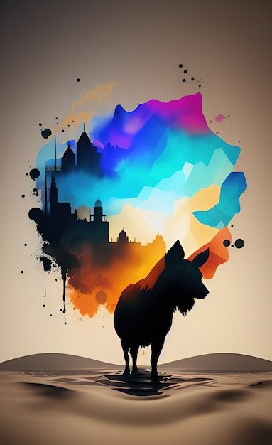 Un poster colorato con un cane e una città sullo sfondo.