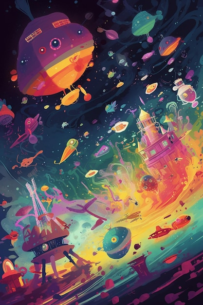 Un poster colorato con un castello e un pianeta con una luna e un'astronave.