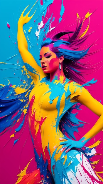 Un poster colorato con una donna con i capelli blu e una vernice gialla e blu sul corpo.