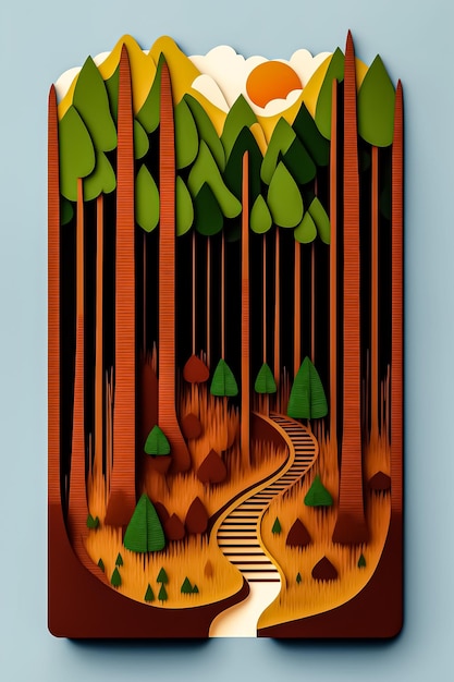 Un poster colorato con una foresta