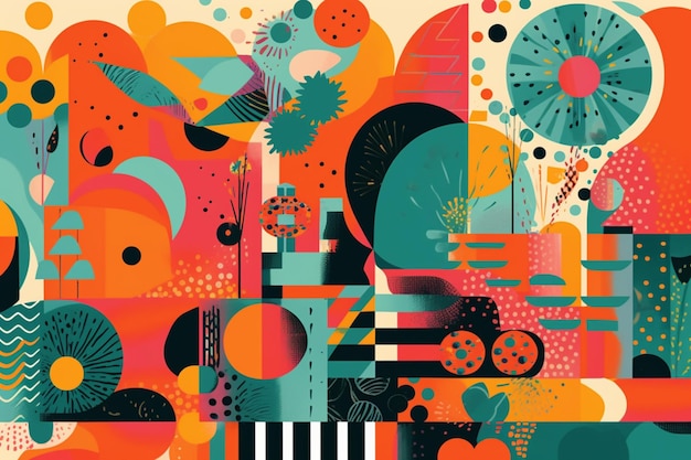 Un poster colorato con una serie di forme e colori diversi.