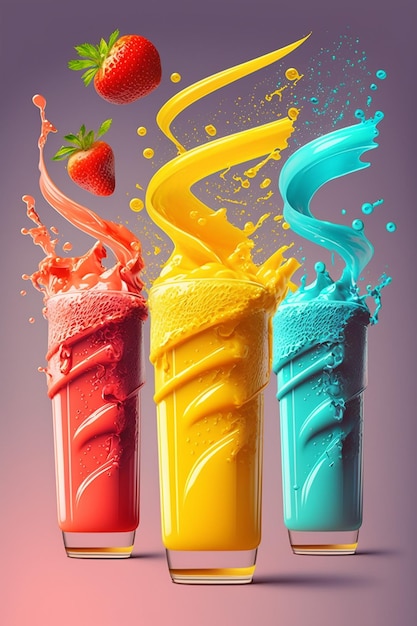 Un poster colorato con una spruzzata di fragola e una fragola sopra.