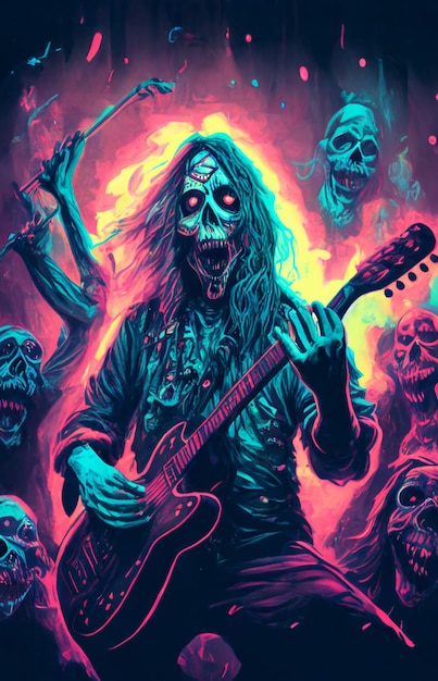 Un poster colorato con uno scheletro che suona la chitarra e la scritta "morto" sulla parte anteriore.