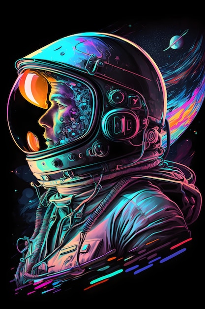 Un poster colorato di un astronauta con uno sfondo nero e un'insegna al neon che dice "astronauta"