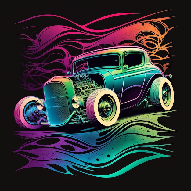 Un poster colorato di un'auto con sopra un hot rod.