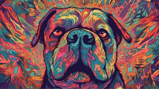 Un poster colorato di un bulldog con il naso nero.