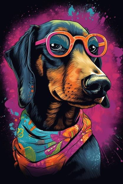 Un poster colorato di un cane doberman che indossa occhiali da sole.