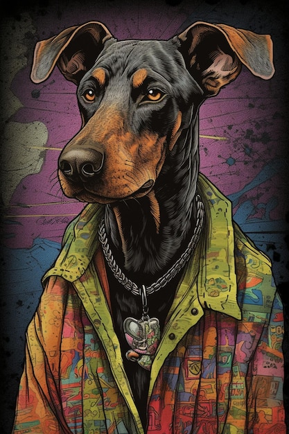 Un poster colorato di un cane doberman che indossa una maglietta con la parola doberman sopra.
