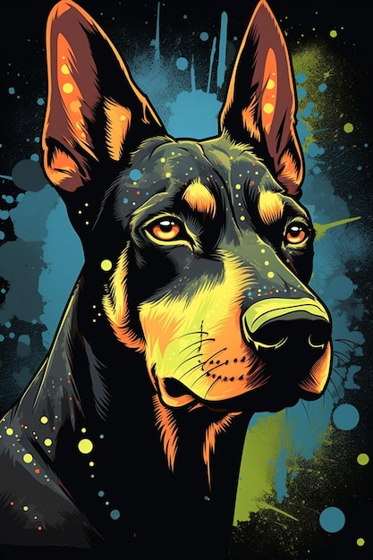 Un poster colorato di un cane doberman.