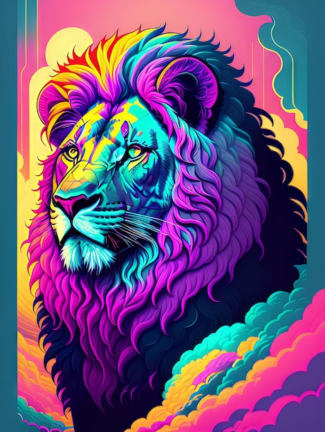 Un poster colorato di un leone con una criniera arcobaleno.