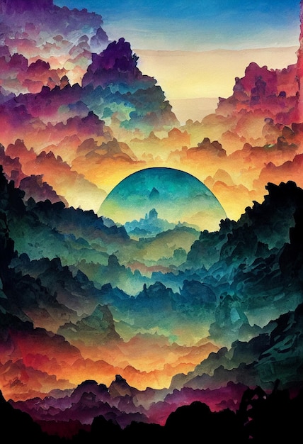 Un poster colorato di un paesaggio montano con una montagna sullo sfondo.