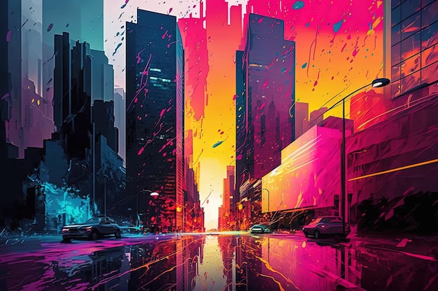 Un poster colorato di una città con una città al neon sullo sfondo.