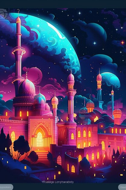 Un poster colorato di una moschea con un pianeta sullo sfondo.