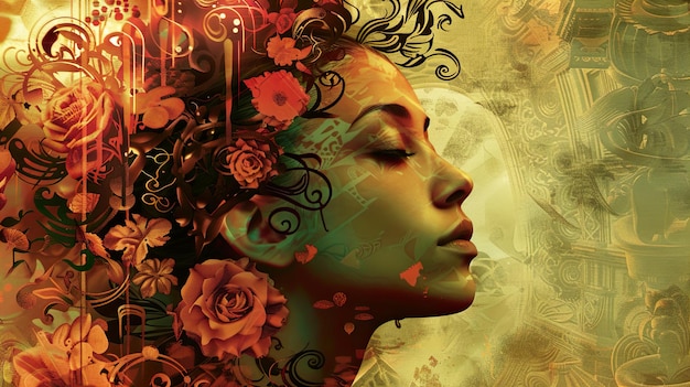 un poster con la faccia di una donna e fiori su di esso