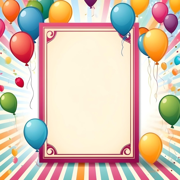 un poster con palloncini colorati e una cornice con un'immagine di un cartello che dice la parola su di esso
