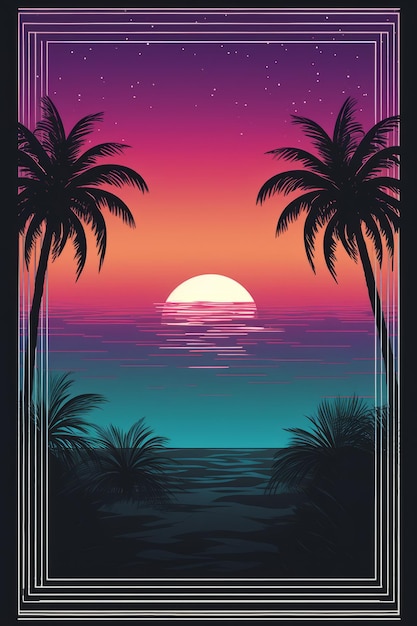 Un poster con palme e un tramonto