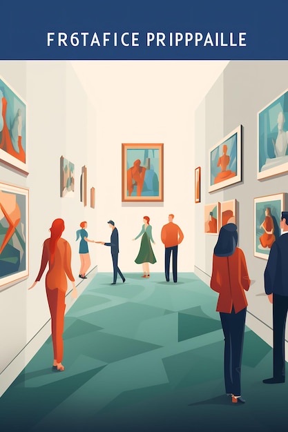 un poster con persone che guardano dipinti in una galleria
