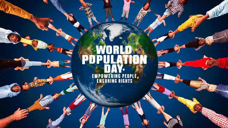 un poster con persone di tutto il mondo e uno sfondo blu con una mappa del mondo
