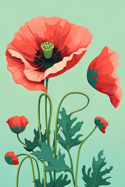 un poster con un fiore rosso sullo sfondo verde