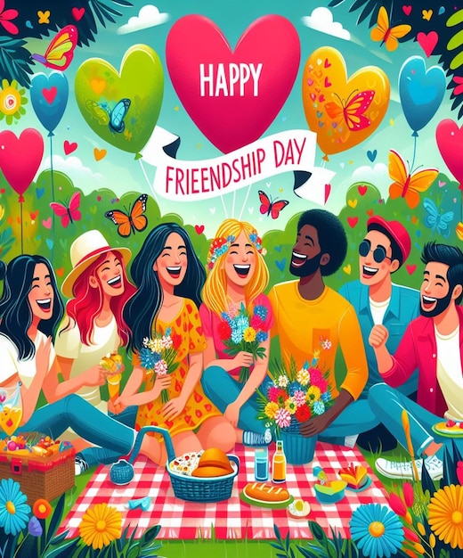 un poster con un gruppo di amici e una torta con un cuore che dice giorno dell'amicizia