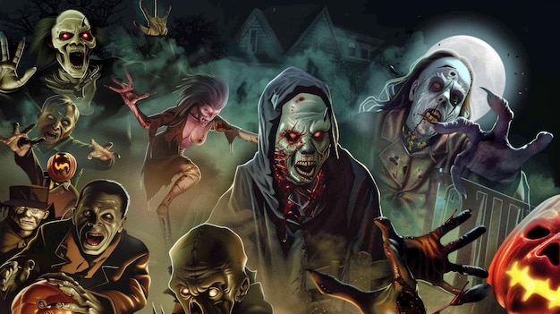 un poster con un gruppo di zombie spaventosi su di esso