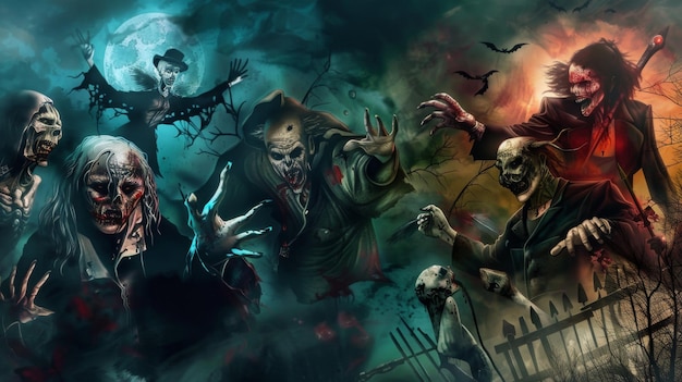 un poster con un gruppo di zombie spaventosi sullo sfondo