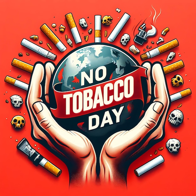 un poster con un'immagine del giorno del tabacco e un mondo al centro