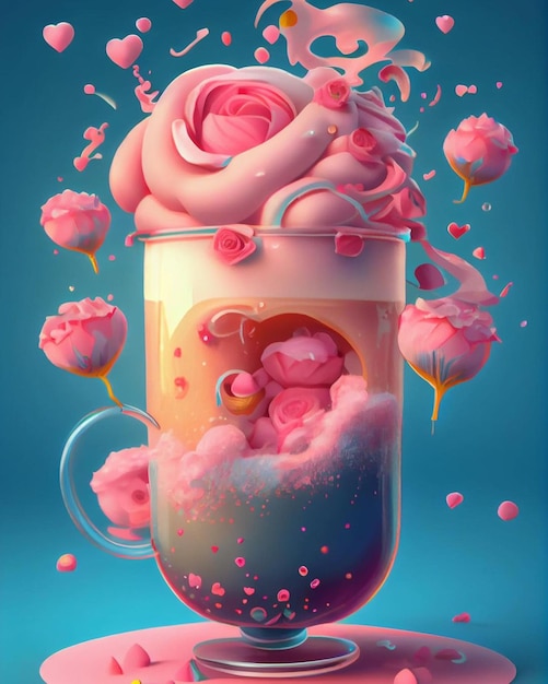 Un poster con un liquido rosa e una nuvola di fiori rosa.