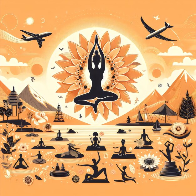 un poster con un sole con un sole al centro del giorno internazionale dello yoga