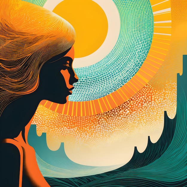 un poster con una donna che guarda l'oceano e il sole sullo sfondo