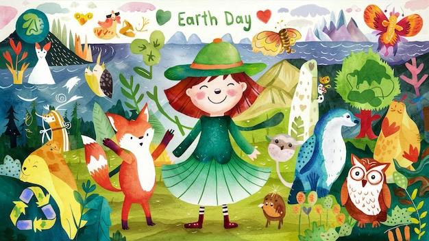 un poster con una ragazza e animali e le parole giorno della terra su di esso