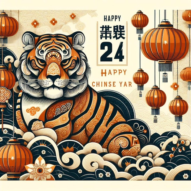 un poster con una tigre e le parole buon anno nuovo su di esso