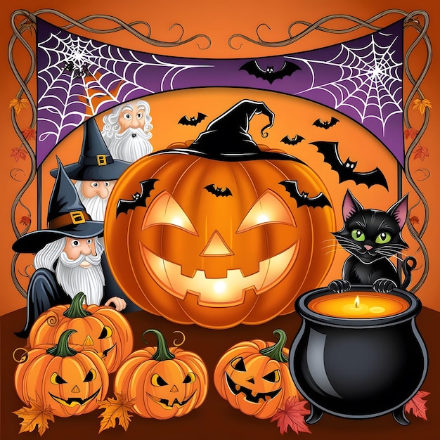 un poster con una zucca e un gatto nero su di esso ai generato