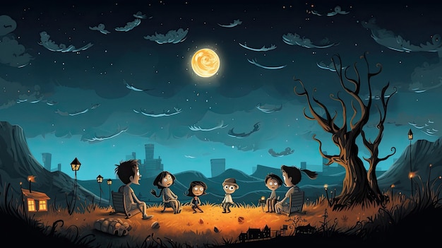 un poster del film con i bambini e la luna sullo sfondo.