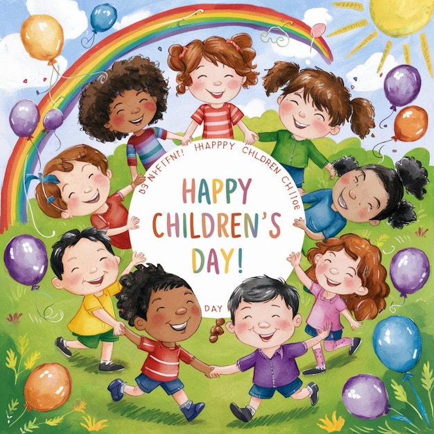 Un poster del giorno dei bambini con un arcobaleno sullo sfondo