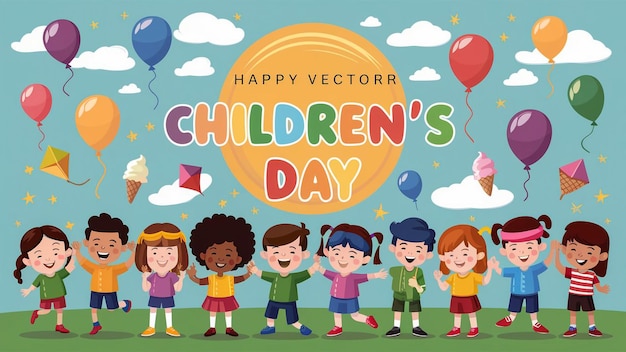 un poster del giorno di compleanno dei bambini con palloncini e palloncini sullo sfondo