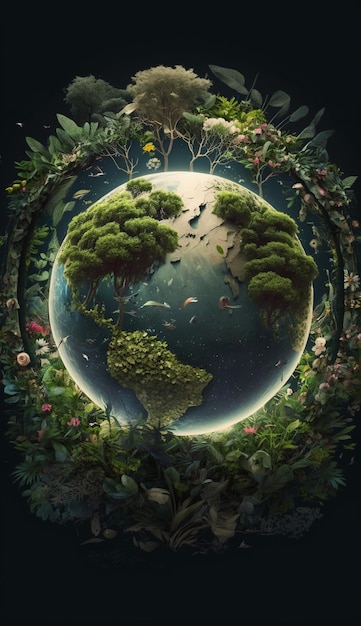 Un poster della terra con alberi e fiori.