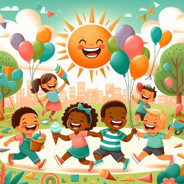 un poster di bambini che giocano in città con i palloncini e il sole dietro di loro