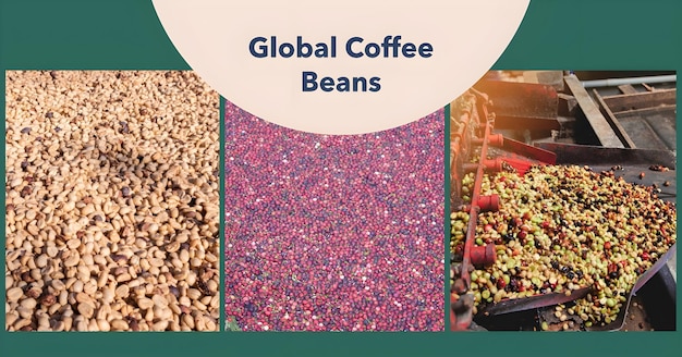 un poster di chicchi di caffè e chicchi della caffetteria globale.