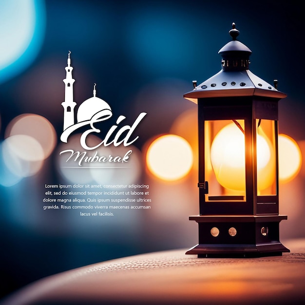 Un poster di eid mubarak con una lampada in alto