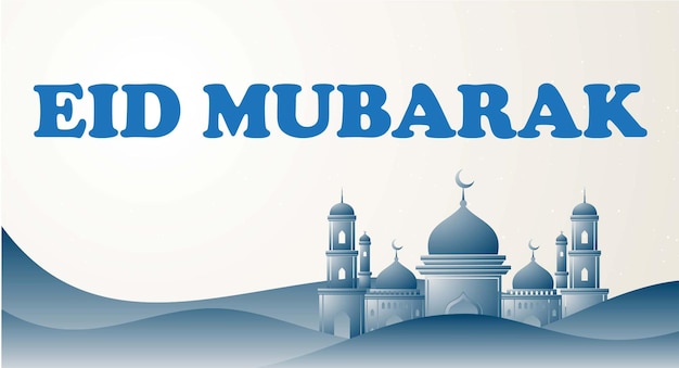 un poster di Eid Mubarak con una moschea blu sullo sfondo