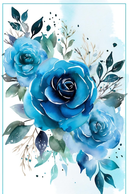 Un poster di fiori blu con uno sfondo ad acquerello.