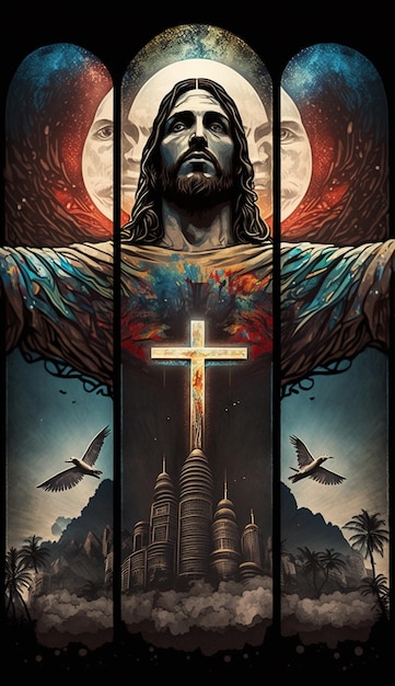 Un poster di Gesù con sopra una croce