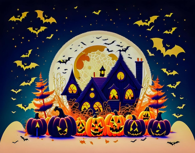 Un poster di Halloween con sopra una casa e dei pipistrelli