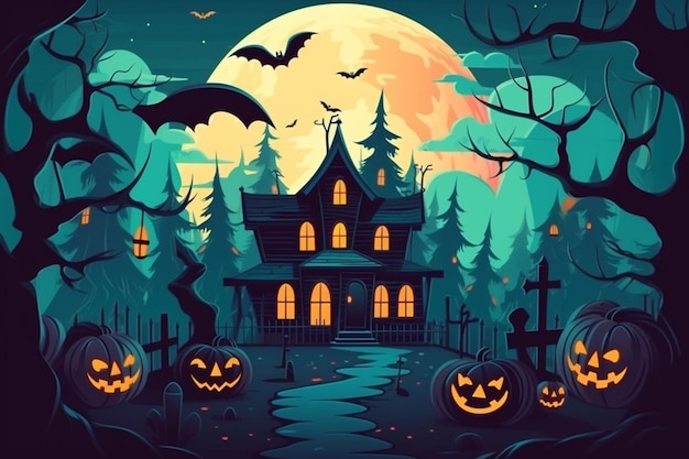 Un poster di Halloween con una casa infestata nel bosco.